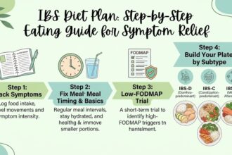 IBS Diet Plan: A Step-by-Step Eating Guide for Symptom Relief Figuring out what to eat with IBS (irritable bowel syndrome) can feel like trial and error with no end point. An effective IBS diet plan isn't one fixed food list — it's a step-by-step process: track your patterns, adjust meal timing, run a structured low-FODMAP trial if needed, and build a plate that fits your specific IBS subtype (IBS-D, IBS-C, or IBS-M). This guide walks through that process in order, with a sample 3-day plan, foods to limit, foods that are usually well tolerated, and the habits around eating that matter as much as the food itself. What Is an IBS Diet Plan? An IBS diet plan is a structured way of eating that reduces how often symptoms flare, without cutting out more food than necessary. The goal isn't permanent restriction — it's identifying your personal triggers, then eating the widest variety of food your gut can comfortably handle. That distinction matters because IBS diets that go too far too fast tend to fail twice: they don't hold up long-term, and they can leave gaps in fiber, calcium, or overall variety. Good IBS diet plans usually combine three things: regular meal timing, a fiber and fluid balance suited to your subtype, and a short, supervised trial of low-FODMAP eating if basic changes aren't enough on their own. Step 1: Track Before You Restrict Cutting out food groups before you know your triggers often means avoiding things unnecessarily. Spend one to two weeks keeping a simple log: what you ate, when, portion size, stress level, sleep, and any symptoms with rough timing and Bristol stool scale rating. Patterns usually appear within two weeks — certain foods paired with stress or poor sleep, meals eaten too fast, or symptoms clustering a few hours after specific ingredients like onion, garlic, or dairy. Step 2: Start With Meal-Timing Basics Before any elimination diet, these basics help most people with IBS regardless of subtype: Eat at regular times. Skipping meals and then eating a large meal later often triggers more bloating than smaller, evenly spaced meals. Slow down. Eating quickly increases swallowed air and can worsen bloating and gas. Keep meals moderate in size. Very large meals stretch the gut and can trigger pain in a sensitive digestive system. Limit fried and very fatty meals. Fat slows stomach emptying and can worsen cramping for many people with IBS. Stay hydrated with about 1.5–2 liters of mostly non-caffeinated fluid a day, more if diarrhea is frequent. Step 3: Try a Structured Low-FODMAP Trial If meal-timing changes aren't enough, a low-FODMAP diet is the most evidence-backed next step for IBS. FODMAPs are fermentable carbohydrates — found in foods like wheat, onion, garlic, some fruits, and sweeteners like sorbitol — that can draw water into the intestine and feed gas-producing bacteria. Elimination phase (2–6 weeks) High-FODMAP foods are temporarily removed to see whether symptoms improve. This phase works best with dietitian guidance, since it's easy to under-eat fiber or key nutrients if it runs too long or too strict. Reintroduction phase Each FODMAP group (fructans, lactose, excess fructose, polyols, galacto-oligosaccharides) is reintroduced one at a time, in a structured order, to find out which specific groups actually trigger your symptoms. Personalization phase Only the foods that were confirmed as personal triggers stay limited long-term. Everything else goes back into your normal rotation. Staying on the strict elimination phase indefinitely is not the goal — it increases food fear and can create nutrition gaps. Step 4: Build Your Plate by IBS Subtype IBS-D diet plan (diarrhea-predominant) Favor soluble fiber (oats, psyllium, peeled fruit) over insoluble fiber (bran, skins, raw vegetables) Limit caffeine, alcohol, and sugar alcohols (sorbitol, xylitol), which can speed transit Choose lactose-free dairy if lactose is a trigger Smaller, more frequent meals rather than a few large ones IBS-C diet plan (constipation-predominant) Gradually increase soluble fiber — psyllium is usually better tolerated than wheat bran Prioritize fluid intake alongside fiber increases; fiber without enough water can worsen constipation Include kiwi, prunes, or cooked vegetables, which many people tolerate well Regular movement, like a short walk after meals, supports transit alongside diet IBS-M diet plan (mixed) Focus on consistency — irregular eating tends to worsen the swings between diarrhea and constipation Introduce fiber slowly and watch how each type affects your specific pattern that week Keep a rolling log, since triggers and tolerance can shift from week to week with this subtype Sample 3-Day IBS Diet Plan These are examples to adapt, not a rigid prescription. Skip anything you already know triggers your symptoms. Day 1 Breakfast: Oats made with lactose-free milk, banana, a small spoon of peanut butter Lunch: Rice bowl with grilled chicken, cooked carrots, and cucumber Snack: Lactose-free yogurt Dinner: Baked salmon, mashed potato (no skin), sautéed zucchini Day 2 Breakfast: Scrambled eggs, gluten-free toast, a few berries Lunch: Quinoa salad with grilled tofu, spinach, and grated carrot Snack: Rice cakes with a thin layer of peanut butter Dinner: Turkey stir-fry with bell peppers and bok choy, over rice Day 3 Breakfast: Smoothie with lactose-free milk, strawberries, and oats Lunch: Grilled chicken wrap in a corn tortilla with lettuce and tomato Snack: Orange or a handful of grapes, if tolerated Dinner: Baked cod, roasted squash, steamed green beans Foods to Limit or Avoid Onion, garlic, and wheat-based products (common high-FODMAP triggers) Carbonated drinks and chewing gum, which increase swallowed gas Fried and heavily processed foods Excess caffeine and alcohol Sugar-free products with sorbitol, mannitol, or xylitol Very large, high-fat meals eaten quickly Foods That Are Usually Well Tolerated Oats, rice, quinoa, and gluten-free grains Lean proteins: chicken, turkey, fish, eggs, firm tofu Low-FODMAP vegetables: carrots, cucumber, spinach, zucchini, bell peppers Low-FODMAP fruits in moderate portions: banana, orange, grapes, kiwi, strawberries Lactose-free dairy or dairy alternatives Fiber, Fluids, and Fat: Getting the Balance Right Fiber is not one substance — soluble and insoluble fiber affect IBS differently, and jumping from very low fiber to large raw salads in one step commonly increases gas and bloating rather than helping. Increase fiber gradually, over one to two weeks, and pair it with steady fluid intake. Fat should be moderate rather than eliminated; very low-fat eating isn't necessary for most people with IBS, but greasy or fried meals are a common trigger worth limiting. A practical way to increase fiber without a flare is to add it in small increments — an extra tablespoon of oats one week, a small serving of psyllium the next — while watching how stool pattern and bloating respond. Insoluble fiber, found in wheat bran and vegetable skins, tends to speed transit and can worsen cramping for some people with IBS-D, while soluble fiber, found in oats, psyllium, and peeled fruit, forms a gel-like texture that's usually gentler across subtypes. Fluid intake matters just as much as the fiber itself: fiber without enough water can make constipation worse rather than better, since it needs water to move smoothly through the intestine. Beyond Food: Habits That Support an IBS Diet Plan Consistent meal times — irregular eating is itself a trigger for many people Stress management — the gut-brain connection means stress can worsen pain and urgency even when food choices are already good Daily movement — a short walk after meals supports motility, especially for IBS-C Sleep — poor sleep is linked to more sensitive gut signaling the next day Common Mistakes People Make With an IBS Diet Plan Cutting too many foods at once. Removing dairy, gluten, and all high-FODMAP foods simultaneously makes it impossible to tell which change actually helped, and increases the risk of nutrient gaps. Staying in the elimination phase indefinitely. The low-FODMAP elimination phase is meant to last weeks, not become a permanent way of eating. Long-term over-restriction is linked to lower fiber intake and reduced gut bacteria diversity. Ignoring meal timing while focusing only on food lists. Two people can eat identical meals with very different results if one eats on a rushed, irregular schedule and the other eats at consistent times. Assuming gluten is the trigger without testing. Many people who feel better avoiding wheat are actually reacting to fructans, not gluten — worth clarifying with a clinician before committing to a gluten-free lifestyle long term. Not adjusting the plan by subtype. A high-fiber approach that helps IBS-C can worsen IBS-D if introduced too quickly or in the wrong form. Eating Out and Traveling With IBS Restaurant meals and travel are common flare triggers, mostly because of larger portions, hidden fats, and unfamiliar ingredients rather than any single "bad" food. A few practical habits help: Look at the menu in advance and pick simply prepared dishes — grilled over fried, sauces on the side Ask about onion and garlic if you know they're a personal trigger; many restaurants can adjust Eat a smaller portion and take leftovers home rather than finishing a large plate Carry a small "flare kit" when traveling: any medication your clinician has approved, a safe snack, and water Don't try a brand-new food for the first time on a travel day — test it at home first Supplements Sometimes Used Alongside an IBS Diet Plan Some people add supplements to support a diet plan, though none replace the core steps above. Peppermint oil capsules are used by some for cramping, though they can worsen reflux in people prone to it. Psyllium husk is a commonly used soluble fiber supplement, best started at a low dose and increased slowly. Probiotic trials are sometimes worthwhile for four weeks, with the plan to stop if there's no clear benefit — response varies a lot between individuals and strains. Any supplement should be discussed with a pharmacist or doctor first, especially if you take other regular medications. When to Get Professional Help Work with a doctor or registered dietitian rather than self-directing a long-term restrictive diet, especially before starting a full low-FODMAP elimination. Seek prompt medical care for unexplained weight loss, blood in stool, fever, anemia, or new symptoms after age 50 — these are not typical diet-related IBS signs and need evaluation first. Frequently Asked Questions How long does it take for an IBS diet plan to work? Meal-timing changes can show effects within days to a couple of weeks. A full low-FODMAP elimination and reintroduction process typically takes six to ten weeks to identify personal triggers. Do I need to avoid gluten with IBS? Not necessarily. Some people react to fructans in wheat rather than gluten itself. A doctor can rule out celiac disease before you assume gluten is the issue. Can I follow an IBS diet plan long-term exactly as the elimination phase? No — the elimination phase is meant to be short and diagnostic. Long-term eating should be as varied as your confirmed triggers allow, to protect nutrition and quality of life. Is dairy always a problem with IBS? Only if you're lactose intolerant, which is common but not universal. Lactose-free dairy lets you test whether lactose specifically is the trigger. Can stress undo a good IBS diet plan? It can blunt the results. The gut-brain connection means high stress can trigger symptoms even when food choices are well managed, which is why sleep and stress habits are usually built into a full plan, not treated as separate from diet. What's the difference between an IBS diet plan and a low-FODMAP diet? A low-FODMAP diet is one tool within a broader IBS diet plan. The full plan also includes meal timing, fiber and fluid balance suited to your subtype, and lifestyle habits — the low-FODMAP trial is typically used only if those basics aren't enough on their own. Related reading IBS symptoms explained: triggers and relief tips Low FODMAP diet guide: food list and IBS tips SIBO: symptoms, causes, and treatment Bloating causes and relief Constipation relief: causes and natural remedies Gut-brain connection explained Informational only — not a diagnosis or treatment plan. See a qualified clinician or registered dietitian before starting an elimination diet.