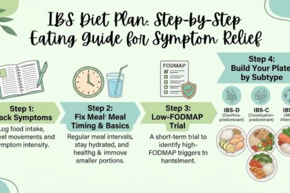 IBS Diet Plan: A Step-by-Step Eating Guide for Symptom Relief Figuring out what to eat with IBS (irritable bowel syndrome) can feel like trial and error with no end point. An effective IBS diet plan isn't one fixed food list — it's a step-by-step process: track your patterns, adjust meal timing, run a structured low-FODMAP trial if needed, and build a plate that fits your specific IBS subtype (IBS-D, IBS-C, or IBS-M). This guide walks through that process in order, with a sample 3-day plan, foods to limit, foods that are usually well tolerated, and the habits around eating that matter as much as the food itself. What Is an IBS Diet Plan? An IBS diet plan is a structured way of eating that reduces how often symptoms flare, without cutting out more food than necessary. The goal isn't permanent restriction — it's identifying your personal triggers, then eating the widest variety of food your gut can comfortably handle. That distinction matters because IBS diets that go too far too fast tend to fail twice: they don't hold up long-term, and they can leave gaps in fiber, calcium, or overall variety. Good IBS diet plans usually combine three things: regular meal timing, a fiber and fluid balance suited to your subtype, and a short, supervised trial of low-FODMAP eating if basic changes aren't enough on their own. Step 1: Track Before You Restrict Cutting out food groups before you know your triggers often means avoiding things unnecessarily. Spend one to two weeks keeping a simple log: what you ate, when, portion size, stress level, sleep, and any symptoms with rough timing and Bristol stool scale rating. Patterns usually appear within two weeks — certain foods paired with stress or poor sleep, meals eaten too fast, or symptoms clustering a few hours after specific ingredients like onion, garlic, or dairy. Step 2: Start With Meal-Timing Basics Before any elimination diet, these basics help most people with IBS regardless of subtype: Eat at regular times. Skipping meals and then eating a large meal later often triggers more bloating than smaller, evenly spaced meals. Slow down. Eating quickly increases swallowed air and can worsen bloating and gas. Keep meals moderate in size. Very large meals stretch the gut and can trigger pain in a sensitive digestive system. Limit fried and very fatty meals. Fat slows stomach emptying and can worsen cramping for many people with IBS. Stay hydrated with about 1.5–2 liters of mostly non-caffeinated fluid a day, more if diarrhea is frequent. Step 3: Try a Structured Low-FODMAP Trial If meal-timing changes aren't enough, a low-FODMAP diet is the most evidence-backed next step for IBS. FODMAPs are fermentable carbohydrates — found in foods like wheat, onion, garlic, some fruits, and sweeteners like sorbitol — that can draw water into the intestine and feed gas-producing bacteria. Elimination phase (2–6 weeks) High-FODMAP foods are temporarily removed to see whether symptoms improve. This phase works best with dietitian guidance, since it's easy to under-eat fiber or key nutrients if it runs too long or too strict. Reintroduction phase Each FODMAP group (fructans, lactose, excess fructose, polyols, galacto-oligosaccharides) is reintroduced one at a time, in a structured order, to find out which specific groups actually trigger your symptoms. Personalization phase Only the foods that were confirmed as personal triggers stay limited long-term. Everything else goes back into your normal rotation. Staying on the strict elimination phase indefinitely is not the goal — it increases food fear and can create nutrition gaps. Step 4: Build Your Plate by IBS Subtype IBS-D diet plan (diarrhea-predominant) Favor soluble fiber (oats, psyllium, peeled fruit) over insoluble fiber (bran, skins, raw vegetables) Limit caffeine, alcohol, and sugar alcohols (sorbitol, xylitol), which can speed transit Choose lactose-free dairy if lactose is a trigger Smaller, more frequent meals rather than a few large ones IBS-C diet plan (constipation-predominant) Gradually increase soluble fiber — psyllium is usually better tolerated than wheat bran Prioritize fluid intake alongside fiber increases; fiber without enough water can worsen constipation Include kiwi, prunes, or cooked vegetables, which many people tolerate well Regular movement, like a short walk after meals, supports transit alongside diet IBS-M diet plan (mixed) Focus on consistency — irregular eating tends to worsen the swings between diarrhea and constipation Introduce fiber slowly and watch how each type affects your specific pattern that week Keep a rolling log, since triggers and tolerance can shift from week to week with this subtype Sample 3-Day IBS Diet Plan These are examples to adapt, not a rigid prescription. Skip anything you already know triggers your symptoms. Day 1 Breakfast: Oats made with lactose-free milk, banana, a small spoon of peanut butter Lunch: Rice bowl with grilled chicken, cooked carrots, and cucumber Snack: Lactose-free yogurt Dinner: Baked salmon, mashed potato (no skin), sautéed zucchini Day 2 Breakfast: Scrambled eggs, gluten-free toast, a few berries Lunch: Quinoa salad with grilled tofu, spinach, and grated carrot Snack: Rice cakes with a thin layer of peanut butter Dinner: Turkey stir-fry with bell peppers and bok choy, over rice Day 3 Breakfast: Smoothie with lactose-free milk, strawberries, and oats Lunch: Grilled chicken wrap in a corn tortilla with lettuce and tomato Snack: Orange or a handful of grapes, if tolerated Dinner: Baked cod, roasted squash, steamed green beans Foods to Limit or Avoid Onion, garlic, and wheat-based products (common high-FODMAP triggers) Carbonated drinks and chewing gum, which increase swallowed gas Fried and heavily processed foods Excess caffeine and alcohol Sugar-free products with sorbitol, mannitol, or xylitol Very large, high-fat meals eaten quickly Foods That Are Usually Well Tolerated Oats, rice, quinoa, and gluten-free grains Lean proteins: chicken, turkey, fish, eggs, firm tofu Low-FODMAP vegetables: carrots, cucumber, spinach, zucchini, bell peppers Low-FODMAP fruits in moderate portions: banana, orange, grapes, kiwi, strawberries Lactose-free dairy or dairy alternatives Fiber, Fluids, and Fat: Getting the Balance Right Fiber is not one substance — soluble and insoluble fiber affect IBS differently, and jumping from very low fiber to large raw salads in one step commonly increases gas and bloating rather than helping. Increase fiber gradually, over one to two weeks, and pair it with steady fluid intake. Fat should be moderate rather than eliminated; very low-fat eating isn't necessary for most people with IBS, but greasy or fried meals are a common trigger worth limiting. A practical way to increase fiber without a flare is to add it in small increments — an extra tablespoon of oats one week, a small serving of psyllium the next — while watching how stool pattern and bloating respond. Insoluble fiber, found in wheat bran and vegetable skins, tends to speed transit and can worsen cramping for some people with IBS-D, while soluble fiber, found in oats, psyllium, and peeled fruit, forms a gel-like texture that's usually gentler across subtypes. Fluid intake matters just as much as the fiber itself: fiber without enough water can make constipation worse rather than better, since it needs water to move smoothly through the intestine. Beyond Food: Habits That Support an IBS Diet Plan Consistent meal times — irregular eating is itself a trigger for many people Stress management — the gut-brain connection means stress can worsen pain and urgency even when food choices are already good Daily movement — a short walk after meals supports motility, especially for IBS-C Sleep — poor sleep is linked to more sensitive gut signaling the next day Common Mistakes People Make With an IBS Diet Plan Cutting too many foods at once. Removing dairy, gluten, and all high-FODMAP foods simultaneously makes it impossible to tell which change actually helped, and increases the risk of nutrient gaps. Staying in the elimination phase indefinitely. The low-FODMAP elimination phase is meant to last weeks, not become a permanent way of eating. Long-term over-restriction is linked to lower fiber intake and reduced gut bacteria diversity. Ignoring meal timing while focusing only on food lists. Two people can eat identical meals with very different results if one eats on a rushed, irregular schedule and the other eats at consistent times. Assuming gluten is the trigger without testing. Many people who feel better avoiding wheat are actually reacting to fructans, not gluten — worth clarifying with a clinician before committing to a gluten-free lifestyle long term. Not adjusting the plan by subtype. A high-fiber approach that helps IBS-C can worsen IBS-D if introduced too quickly or in the wrong form. Eating Out and Traveling With IBS Restaurant meals and travel are common flare triggers, mostly because of larger portions, hidden fats, and unfamiliar ingredients rather than any single "bad" food. A few practical habits help: Look at the menu in advance and pick simply prepared dishes — grilled over fried, sauces on the side Ask about onion and garlic if you know they're a personal trigger; many restaurants can adjust Eat a smaller portion and take leftovers home rather than finishing a large plate Carry a small "flare kit" when traveling: any medication your clinician has approved, a safe snack, and water Don't try a brand-new food for the first time on a travel day — test it at home first Supplements Sometimes Used Alongside an IBS Diet Plan Some people add supplements to support a diet plan, though none replace the core steps above. Peppermint oil capsules are used by some for cramping, though they can worsen reflux in people prone to it. Psyllium husk is a commonly used soluble fiber supplement, best started at a low dose and increased slowly. Probiotic trials are sometimes worthwhile for four weeks, with the plan to stop if there's no clear benefit — response varies a lot between individuals and strains. Any supplement should be discussed with a pharmacist or doctor first, especially if you take other regular medications. When to Get Professional Help Work with a doctor or registered dietitian rather than self-directing a long-term restrictive diet, especially before starting a full low-FODMAP elimination. Seek prompt medical care for unexplained weight loss, blood in stool, fever, anemia, or new symptoms after age 50 — these are not typical diet-related IBS signs and need evaluation first. Frequently Asked Questions How long does it take for an IBS diet plan to work? Meal-timing changes can show effects within days to a couple of weeks. A full low-FODMAP elimination and reintroduction process typically takes six to ten weeks to identify personal triggers. Do I need to avoid gluten with IBS? Not necessarily. Some people react to fructans in wheat rather than gluten itself. A doctor can rule out celiac disease before you assume gluten is the issue. Can I follow an IBS diet plan long-term exactly as the elimination phase? No — the elimination phase is meant to be short and diagnostic. Long-term eating should be as varied as your confirmed triggers allow, to protect nutrition and quality of life. Is dairy always a problem with IBS? Only if you're lactose intolerant, which is common but not universal. Lactose-free dairy lets you test whether lactose specifically is the trigger. Can stress undo a good IBS diet plan? It can blunt the results. The gut-brain connection means high stress can trigger symptoms even when food choices are well managed, which is why sleep and stress habits are usually built into a full plan, not treated as separate from diet. What's the difference between an IBS diet plan and a low-FODMAP diet? A low-FODMAP diet is one tool within a broader IBS diet plan. The full plan also includes meal timing, fiber and fluid balance suited to your subtype, and lifestyle habits — the low-FODMAP trial is typically used only if those basics aren't enough on their own. Related reading IBS symptoms explained: triggers and relief tips Low FODMAP diet guide: food list and IBS tips SIBO: symptoms, causes, and treatment Bloating causes and relief Constipation relief: causes and natural remedies Gut-brain connection explained Informational only — not a diagnosis or treatment plan. See a qualified clinician or registered dietitian before starting an elimination diet.
