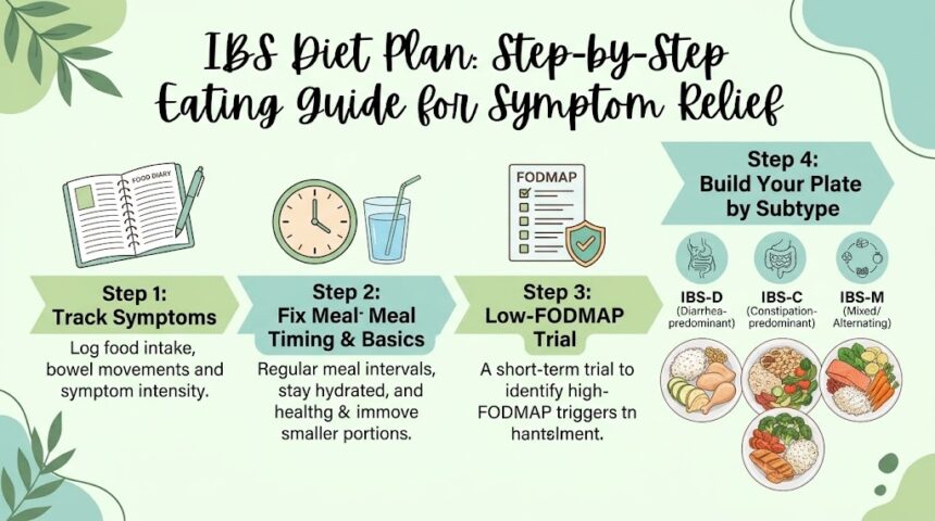 IBS Diet Plan: A Step-by-Step Eating Guide for Symptom Relief Figuring out what to eat with IBS (irritable bowel syndrome) can feel like trial and error with no end point. An effective IBS diet plan isn't one fixed food list — it's a step-by-step process: track your patterns, adjust meal timing, run a structured low-FODMAP trial if needed, and build a plate that fits your specific IBS subtype (IBS-D, IBS-C, or IBS-M). This guide walks through that process in order, with a sample 3-day plan, foods to limit, foods that are usually well tolerated, and the habits around eating that matter as much as the food itself. What Is an IBS Diet Plan? An IBS diet plan is a structured way of eating that reduces how often symptoms flare, without cutting out more food than necessary. The goal isn't permanent restriction — it's identifying your personal triggers, then eating the widest variety of food your gut can comfortably handle. That distinction matters because IBS diets that go too far too fast tend to fail twice: they don't hold up long-term, and they can leave gaps in fiber, calcium, or overall variety. Good IBS diet plans usually combine three things: regular meal timing, a fiber and fluid balance suited to your subtype, and a short, supervised trial of low-FODMAP eating if basic changes aren't enough on their own. Step 1: Track Before You Restrict Cutting out food groups before you know your triggers often means avoiding things unnecessarily. Spend one to two weeks keeping a simple log: what you ate, when, portion size, stress level, sleep, and any symptoms with rough timing and Bristol stool scale rating. Patterns usually appear within two weeks — certain foods paired with stress or poor sleep, meals eaten too fast, or symptoms clustering a few hours after specific ingredients like onion, garlic, or dairy. Step 2: Start With Meal-Timing Basics Before any elimination diet, these basics help most people with IBS regardless of subtype: Eat at regular times. Skipping meals and then eating a large meal later often triggers more bloating than smaller, evenly spaced meals. Slow down. Eating quickly increases swallowed air and can worsen bloating and gas. Keep meals moderate in size. Very large meals stretch the gut and can trigger pain in a sensitive digestive system. Limit fried and very fatty meals. Fat slows stomach emptying and can worsen cramping for many people with IBS. Stay hydrated with about 1.5–2 liters of mostly non-caffeinated fluid a day, more if diarrhea is frequent. Step 3: Try a Structured Low-FODMAP Trial If meal-timing changes aren't enough, a low-FODMAP diet is the most evidence-backed next step for IBS. FODMAPs are fermentable carbohydrates — found in foods like wheat, onion, garlic, some fruits, and sweeteners like sorbitol — that can draw water into the intestine and feed gas-producing bacteria. Elimination phase (2–6 weeks) High-FODMAP foods are temporarily removed to see whether symptoms improve. This phase works best with dietitian guidance, since it's easy to under-eat fiber or key nutrients if it runs too long or too strict. Reintroduction phase Each FODMAP group (fructans, lactose, excess fructose, polyols, galacto-oligosaccharides) is reintroduced one at a time, in a structured order, to find out which specific groups actually trigger your symptoms. Personalization phase Only the foods that were confirmed as personal triggers stay limited long-term. Everything else goes back into your normal rotation. Staying on the strict elimination phase indefinitely is not the goal — it increases food fear and can create nutrition gaps. Step 4: Build Your Plate by IBS Subtype IBS-D diet plan (diarrhea-predominant) Favor soluble fiber (oats, psyllium, peeled fruit) over insoluble fiber (bran, skins, raw vegetables) Limit caffeine, alcohol, and sugar alcohols (sorbitol, xylitol), which can speed transit Choose lactose-free dairy if lactose is a trigger Smaller, more frequent meals rather than a few large ones IBS-C diet plan (constipation-predominant) Gradually increase soluble fiber — psyllium is usually better tolerated than wheat bran Prioritize fluid intake alongside fiber increases; fiber without enough water can worsen constipation Include kiwi, prunes, or cooked vegetables, which many people tolerate well Regular movement, like a short walk after meals, supports transit alongside diet IBS-M diet plan (mixed) Focus on consistency — irregular eating tends to worsen the swings between diarrhea and constipation Introduce fiber slowly and watch how each type affects your specific pattern that week Keep a rolling log, since triggers and tolerance can shift from week to week with this subtype Sample 3-Day IBS Diet Plan These are examples to adapt, not a rigid prescription. Skip anything you already know triggers your symptoms. Day 1 Breakfast: Oats made with lactose-free milk, banana, a small spoon of peanut butter Lunch: Rice bowl with grilled chicken, cooked carrots, and cucumber Snack: Lactose-free yogurt Dinner: Baked salmon, mashed potato (no skin), sautéed zucchini Day 2 Breakfast: Scrambled eggs, gluten-free toast, a few berries Lunch: Quinoa salad with grilled tofu, spinach, and grated carrot Snack: Rice cakes with a thin layer of peanut butter Dinner: Turkey stir-fry with bell peppers and bok choy, over rice Day 3 Breakfast: Smoothie with lactose-free milk, strawberries, and oats Lunch: Grilled chicken wrap in a corn tortilla with lettuce and tomato Snack: Orange or a handful of grapes, if tolerated Dinner: Baked cod, roasted squash, steamed green beans Foods to Limit or Avoid Onion, garlic, and wheat-based products (common high-FODMAP triggers) Carbonated drinks and chewing gum, which increase swallowed gas Fried and heavily processed foods Excess caffeine and alcohol Sugar-free products with sorbitol, mannitol, or xylitol Very large, high-fat meals eaten quickly Foods That Are Usually Well Tolerated Oats, rice, quinoa, and gluten-free grains Lean proteins: chicken, turkey, fish, eggs, firm tofu Low-FODMAP vegetables: carrots, cucumber, spinach, zucchini, bell peppers Low-FODMAP fruits in moderate portions: banana, orange, grapes, kiwi, strawberries Lactose-free dairy or dairy alternatives Fiber, Fluids, and Fat: Getting the Balance Right Fiber is not one substance — soluble and insoluble fiber affect IBS differently, and jumping from very low fiber to large raw salads in one step commonly increases gas and bloating rather than helping. Increase fiber gradually, over one to two weeks, and pair it with steady fluid intake. Fat should be moderate rather than eliminated; very low-fat eating isn't necessary for most people with IBS, but greasy or fried meals are a common trigger worth limiting. A practical way to increase fiber without a flare is to add it in small increments — an extra tablespoon of oats one week, a small serving of psyllium the next — while watching how stool pattern and bloating respond. Insoluble fiber, found in wheat bran and vegetable skins, tends to speed transit and can worsen cramping for some people with IBS-D, while soluble fiber, found in oats, psyllium, and peeled fruit, forms a gel-like texture that's usually gentler across subtypes. Fluid intake matters just as much as the fiber itself: fiber without enough water can make constipation worse rather than better, since it needs water to move smoothly through the intestine. Beyond Food: Habits That Support an IBS Diet Plan Consistent meal times — irregular eating is itself a trigger for many people Stress management — the gut-brain connection means stress can worsen pain and urgency even when food choices are already good Daily movement — a short walk after meals supports motility, especially for IBS-C Sleep — poor sleep is linked to more sensitive gut signaling the next day Common Mistakes People Make With an IBS Diet Plan Cutting too many foods at once. Removing dairy, gluten, and all high-FODMAP foods simultaneously makes it impossible to tell which change actually helped, and increases the risk of nutrient gaps. Staying in the elimination phase indefinitely. The low-FODMAP elimination phase is meant to last weeks, not become a permanent way of eating. Long-term over-restriction is linked to lower fiber intake and reduced gut bacteria diversity. Ignoring meal timing while focusing only on food lists. Two people can eat identical meals with very different results if one eats on a rushed, irregular schedule and the other eats at consistent times. Assuming gluten is the trigger without testing. Many people who feel better avoiding wheat are actually reacting to fructans, not gluten — worth clarifying with a clinician before committing to a gluten-free lifestyle long term. Not adjusting the plan by subtype. A high-fiber approach that helps IBS-C can worsen IBS-D if introduced too quickly or in the wrong form. Eating Out and Traveling With IBS Restaurant meals and travel are common flare triggers, mostly because of larger portions, hidden fats, and unfamiliar ingredients rather than any single "bad" food. A few practical habits help: Look at the menu in advance and pick simply prepared dishes — grilled over fried, sauces on the side Ask about onion and garlic if you know they're a personal trigger; many restaurants can adjust Eat a smaller portion and take leftovers home rather than finishing a large plate Carry a small "flare kit" when traveling: any medication your clinician has approved, a safe snack, and water Don't try a brand-new food for the first time on a travel day — test it at home first Supplements Sometimes Used Alongside an IBS Diet Plan Some people add supplements to support a diet plan, though none replace the core steps above. Peppermint oil capsules are used by some for cramping, though they can worsen reflux in people prone to it. Psyllium husk is a commonly used soluble fiber supplement, best started at a low dose and increased slowly. Probiotic trials are sometimes worthwhile for four weeks, with the plan to stop if there's no clear benefit — response varies a lot between individuals and strains. Any supplement should be discussed with a pharmacist or doctor first, especially if you take other regular medications. When to Get Professional Help Work with a doctor or registered dietitian rather than self-directing a long-term restrictive diet, especially before starting a full low-FODMAP elimination. Seek prompt medical care for unexplained weight loss, blood in stool, fever, anemia, or new symptoms after age 50 — these are not typical diet-related IBS signs and need evaluation first. Frequently Asked Questions How long does it take for an IBS diet plan to work? Meal-timing changes can show effects within days to a couple of weeks. A full low-FODMAP elimination and reintroduction process typically takes six to ten weeks to identify personal triggers. Do I need to avoid gluten with IBS? Not necessarily. Some people react to fructans in wheat rather than gluten itself. A doctor can rule out celiac disease before you assume gluten is the issue. Can I follow an IBS diet plan long-term exactly as the elimination phase? No — the elimination phase is meant to be short and diagnostic. Long-term eating should be as varied as your confirmed triggers allow, to protect nutrition and quality of life. Is dairy always a problem with IBS? Only if you're lactose intolerant, which is common but not universal. Lactose-free dairy lets you test whether lactose specifically is the trigger. Can stress undo a good IBS diet plan? It can blunt the results. The gut-brain connection means high stress can trigger symptoms even when food choices are well managed, which is why sleep and stress habits are usually built into a full plan, not treated as separate from diet. What's the difference between an IBS diet plan and a low-FODMAP diet? A low-FODMAP diet is one tool within a broader IBS diet plan. The full plan also includes meal timing, fiber and fluid balance suited to your subtype, and lifestyle habits — the low-FODMAP trial is typically used only if those basics aren't enough on their own. Related reading IBS symptoms explained: triggers and relief tips Low FODMAP diet guide: food list and IBS tips SIBO: symptoms, causes, and treatment Bloating causes and relief Constipation relief: causes and natural remedies Gut-brain connection explained Informational only — not a diagnosis or treatment plan. See a qualified clinician or registered dietitian before starting an elimination diet.